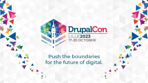 Logo DrupalCon avec motifs triangulaires color&eacute;s autour.