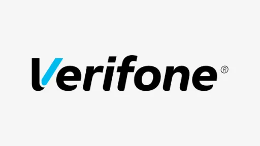 Logo Verifone, texte noir et bleu sur fond blanc.