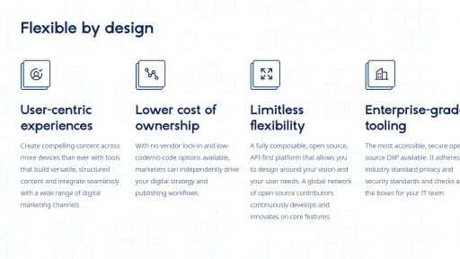 Drupal CMS. Quatre ic&ocirc;nes avec textes sur flexibilit&eacute; de conception.