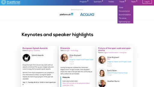 Chipway a particip&eacute; au Drupal Europe 2018. Page web avec trois cartes de r&eacute;sum&eacute; des discours principaux.