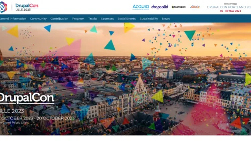 Chipway participe au DrupalCon Lille 2023. Vue a&eacute;rienne color&eacute;e de la ville de Lille au coucher du soleil avec des motifs g&eacute;om&eacute;triques.